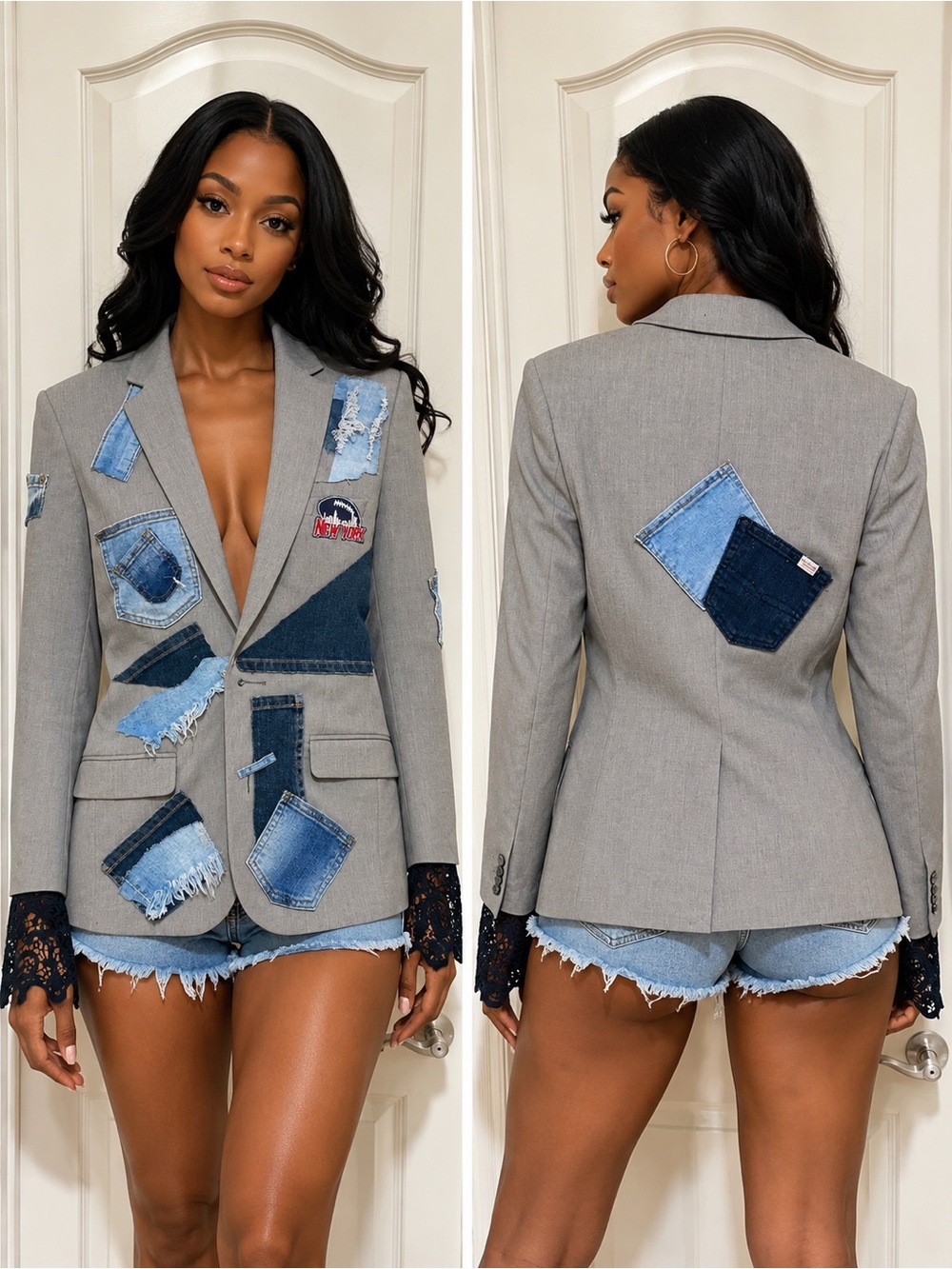 Upcycled Gray Patchwork Denim Blazer and lace sleeves attached size XS
